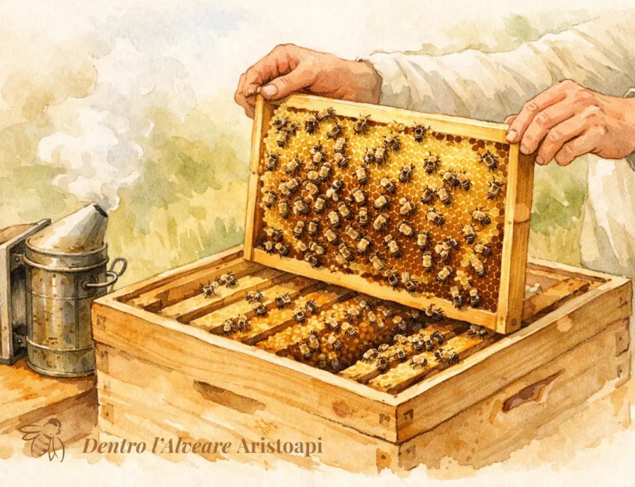 Curiosità sulle api - Apicoltore ispeziona telaino durante controllo alveare per rubrica Dentro l'Alveare Aristoapi