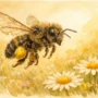 Ape bottinatrice anziana con ali consumate dopo settimane di voli intensi per raccogliere nettare e polline. Il lavoro logorante è la principale causa che determina quanto vive un'ape